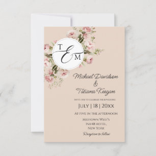 Invitation Mariage Floral Monogramme Aquarelle Rose Tendre