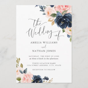 Invitation Mariage Floral Naval Blush Moderne