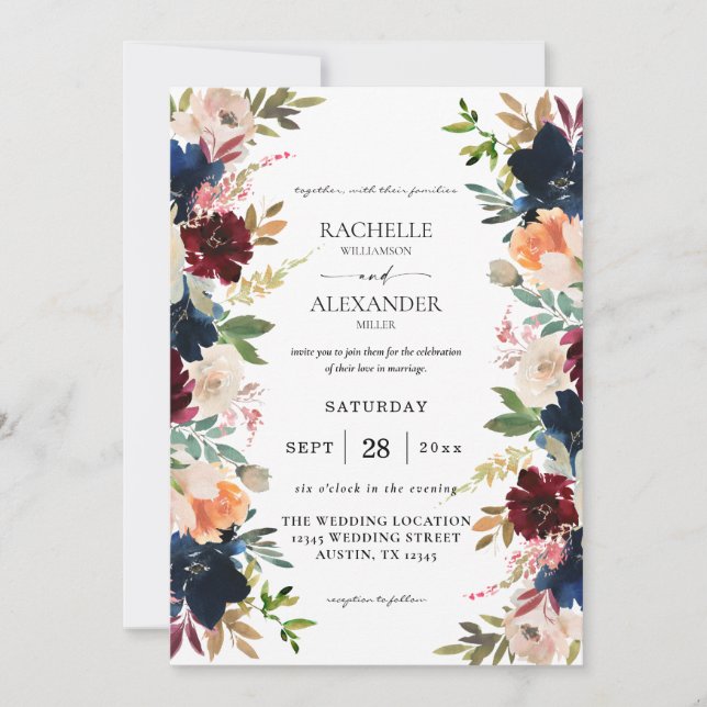 Invitation Mariage floral Navy, Bourgogne, Rose et Pêche (Devant)
