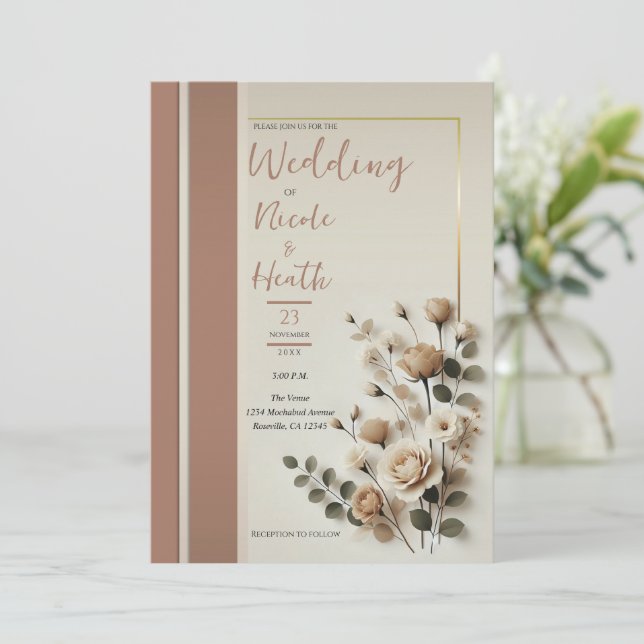 Invitation Mariage Floral Neutre Mousse de Moka (Debout devant)