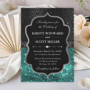 Invitation Mariage Floral Noir Argent Élégant Sarcelle