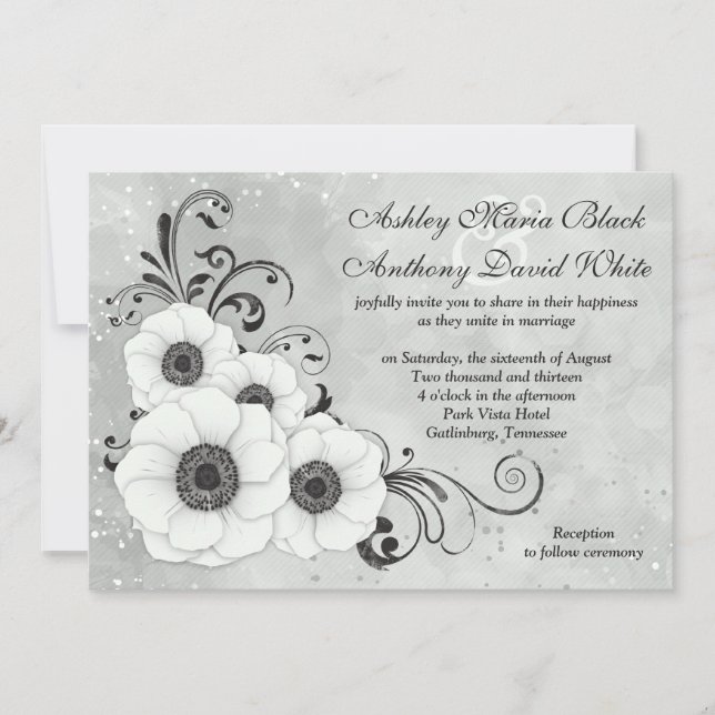 Invitation Mariage floral noir blanc à fleur d'anémone (Devant)
