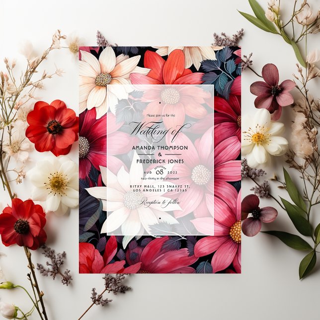 Invitation Mariage floral noir, blanc et rouge (Créateur téléchargé)