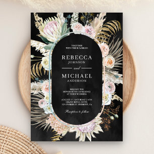 Invitation Mariage floral noir de palmier tropical séché