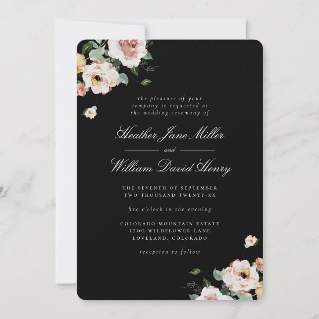 Invitation Mariage floral noir élégant (Devant)
