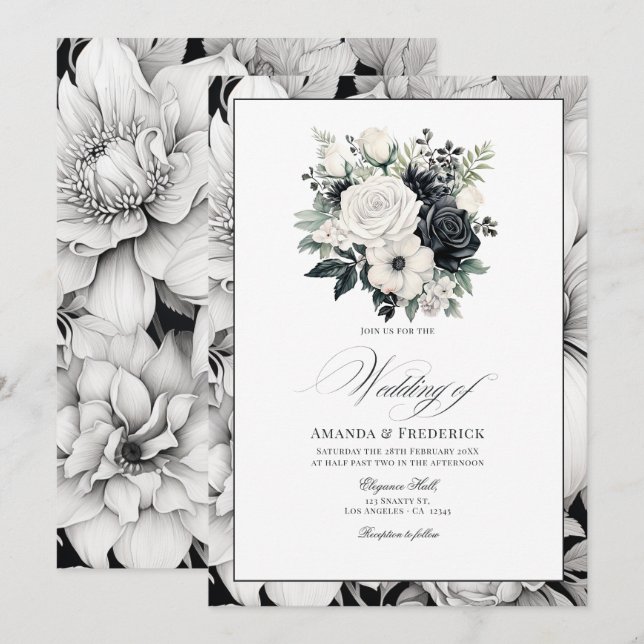 Invitation Mariage floral noir et blanc (Devant / Derrière)