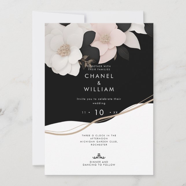 Invitation Mariage floral noir et blanc d'inspiration Chanel (Devant)