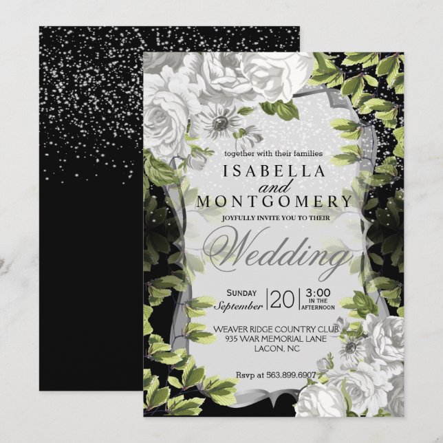 Invitation Mariage floral noir et blanc élégant (Devant / Derrière)