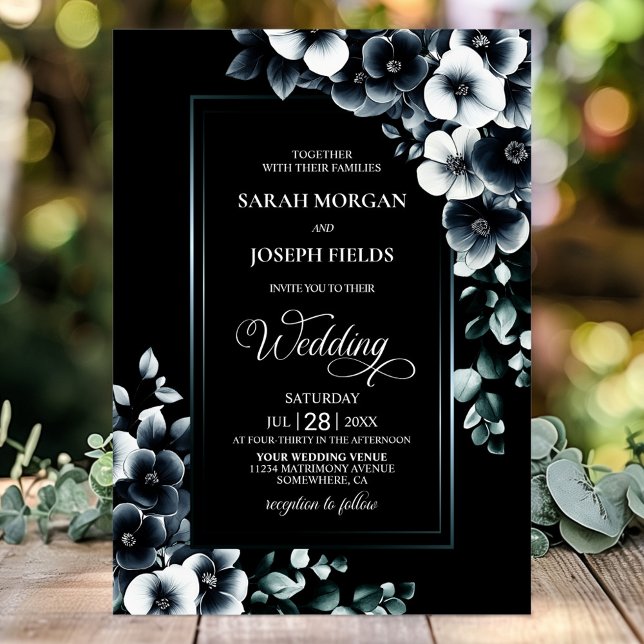 Invitation Mariage floral noir et blanc élégant (Créateur téléchargé)