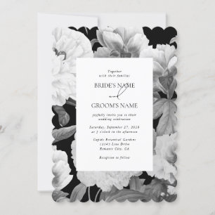 Invitation Mariage floral noir et blanc Peonies d'aquarelle