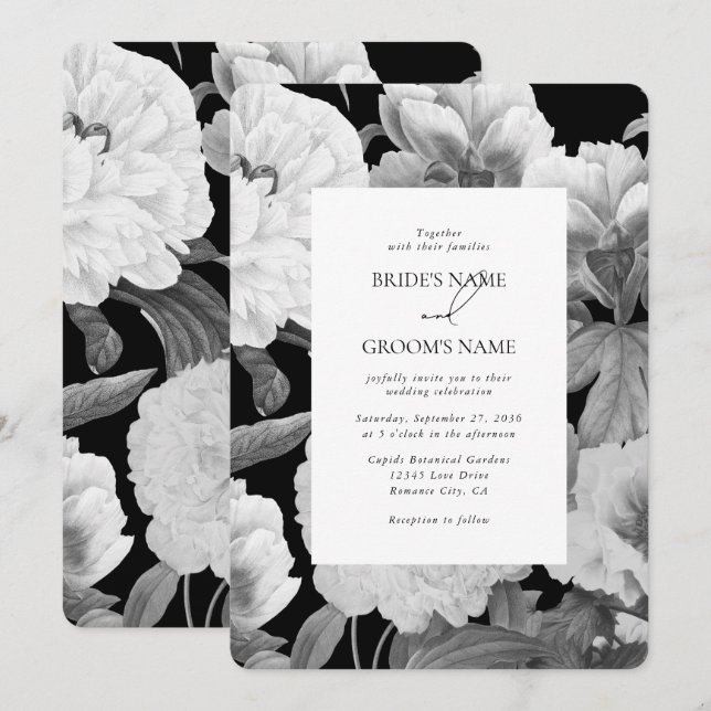 Invitation Mariage floral noir et blanc Peonies d'aquarelle (Devant / Derrière)