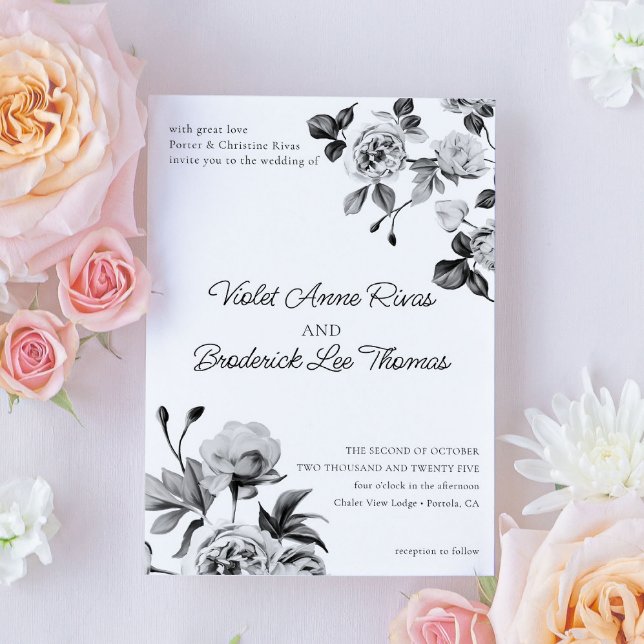 Invitation Mariage floral noir et blanc personnalisable (Créateur téléchargé)