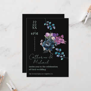 Invitation Mariage Floral Noir et Bleu de Minuit Gothique et 