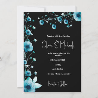 Invitation Mariage floral noir et bleu moderne