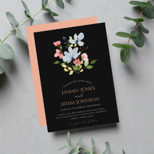 Invitation Mariage floral noir et rose simple Boho