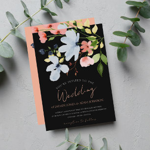 Invitation Mariage floral noir et rose simple Boho