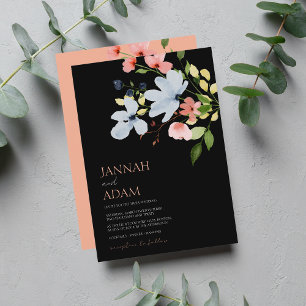 Invitation Mariage floral noir et rose simple Boho