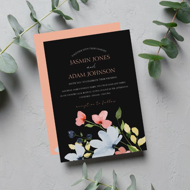 Invitation Mariage floral noir et rose simple Boho (Créateur téléchargé)
