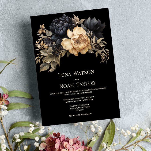 Invitation Mariage floral noir ivoire vert pivoine (Black ivory blush green peony floral Wedding )