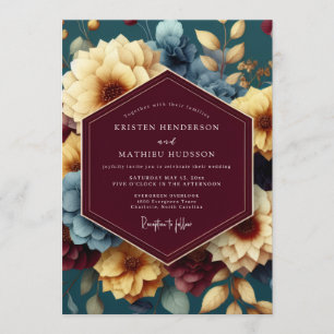 Invitation Mariage floral opulent bordeaux et or