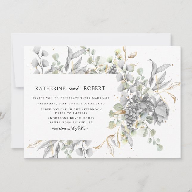 Invitation mariage floral or argent dramatique (Devant)