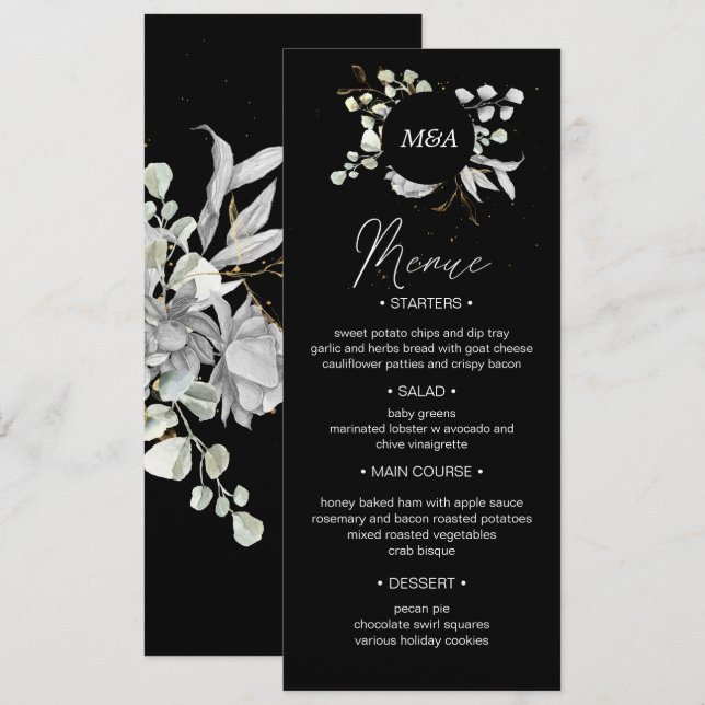 Invitation mariage floral or argent dramatique Menu Dîner (Devant / Derrière)