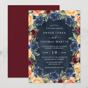 Invitation Mariage Floral Orange Brûlé Bordeaux Navy 