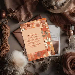 Invitation Mariage floral orange brûlé rétro groovy