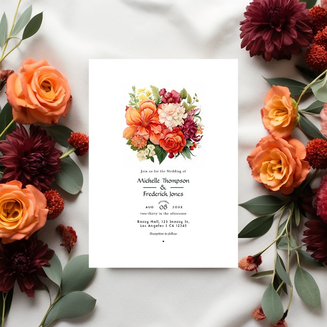 Invitation Mariage floral orange, canneberge et vert (Créateur téléchargé)