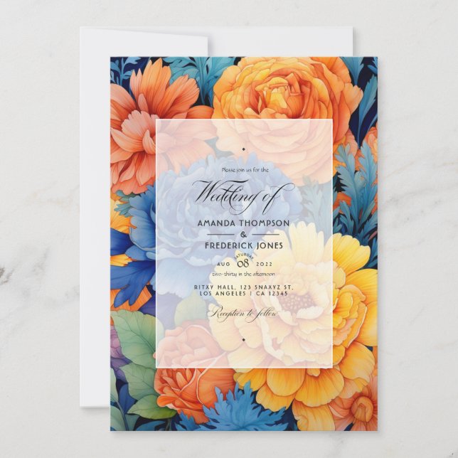 Invitation Mariage Floral Orange et Royal Blue (Devant)