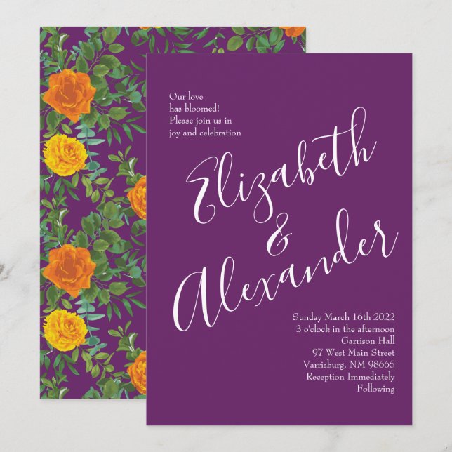 Invitation Mariage Floral Orange & Plum Violet Peony & Rose (Devant / Derrière)