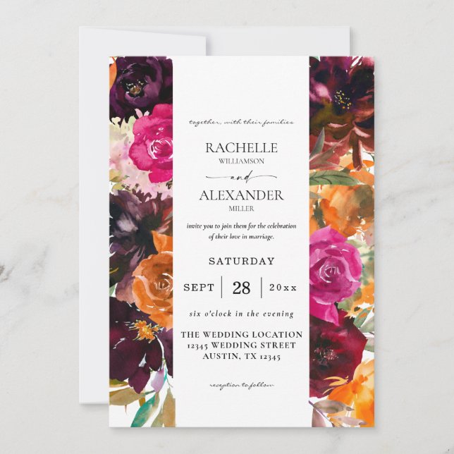Invitation Mariage floral orange, rose chaud et violet automn (Devant)