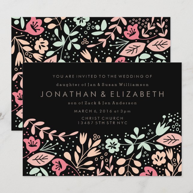 Invitation Mariage Floral Pastel Dessiné à la Main Noir Moder (Devant / Derrière)