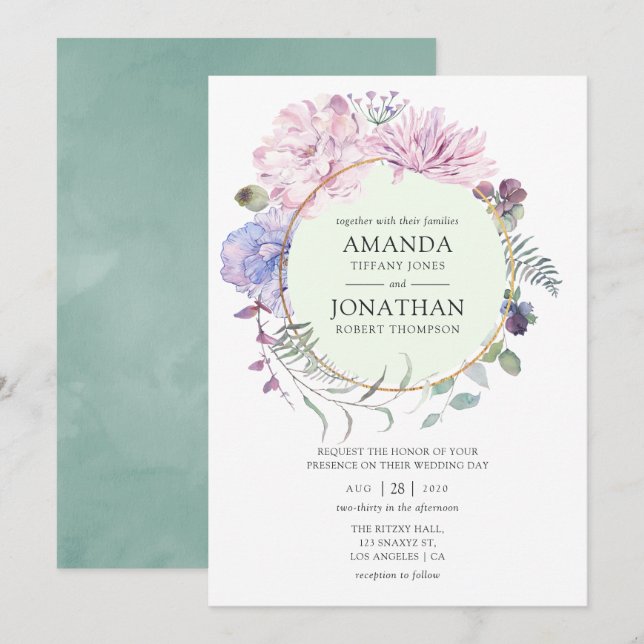 Invitation Mariage floral Pastel Peonies géométriques (Devant / Derrière)