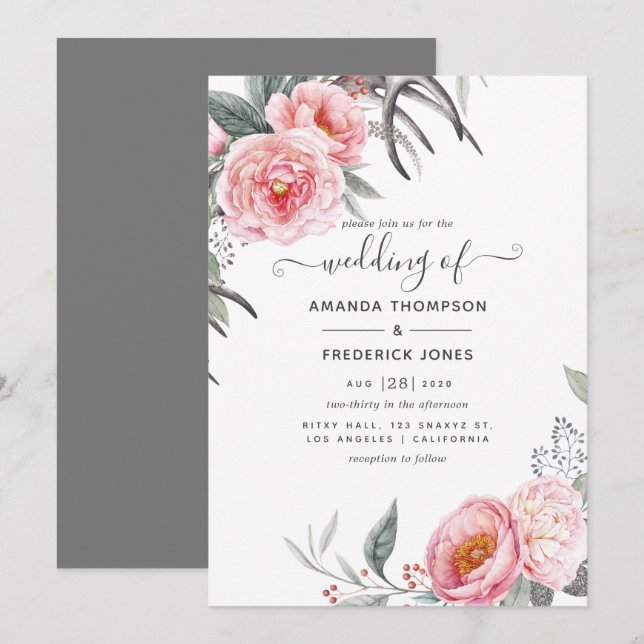 Invitation Mariage floral Pastel Pink et Grey Boho (Devant / Derrière)