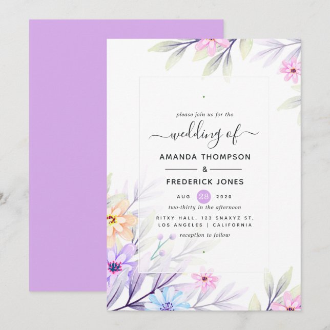 Invitation Mariage floral Pastel Watercolor (Devant / Derrière)