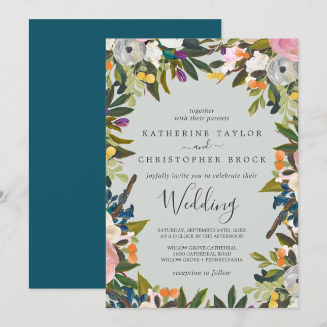 Invitation Mariage floral peint (Devant / Derrière)