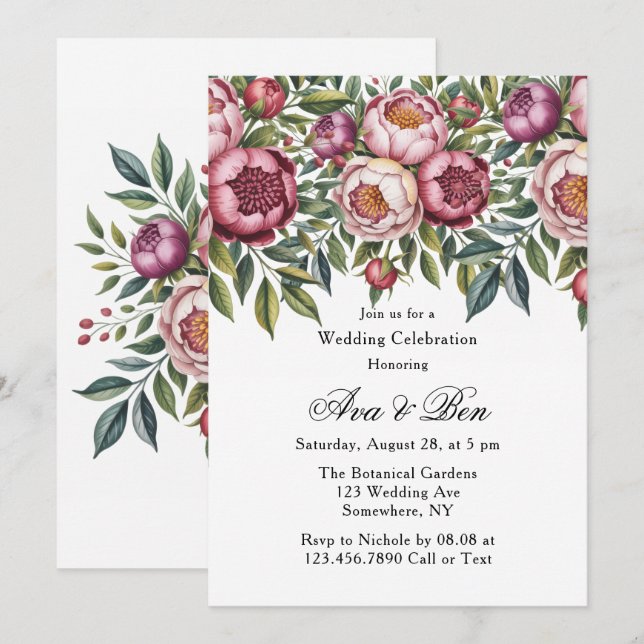 Invitation Mariage floral peint à l'airelle d'hiver (Devant / Derrière)