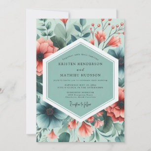 Invitation Mariage floral peintre corail sarcelle