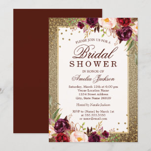 Invitation Mariage floral pétillant de Bourgogne doré