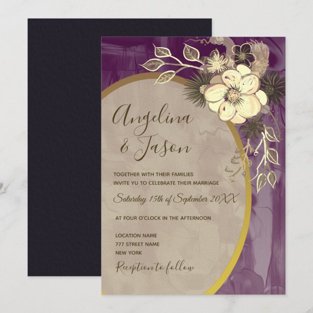 Invitation Mariage floral pourpre (Devant / Derrière)