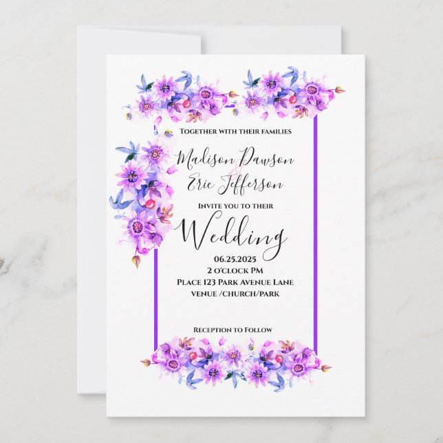 Invitation Mariage floral pourpre (Devant)