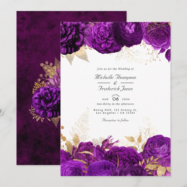 Invitation Mariage floral pourpre et or (Devant / Derrière)