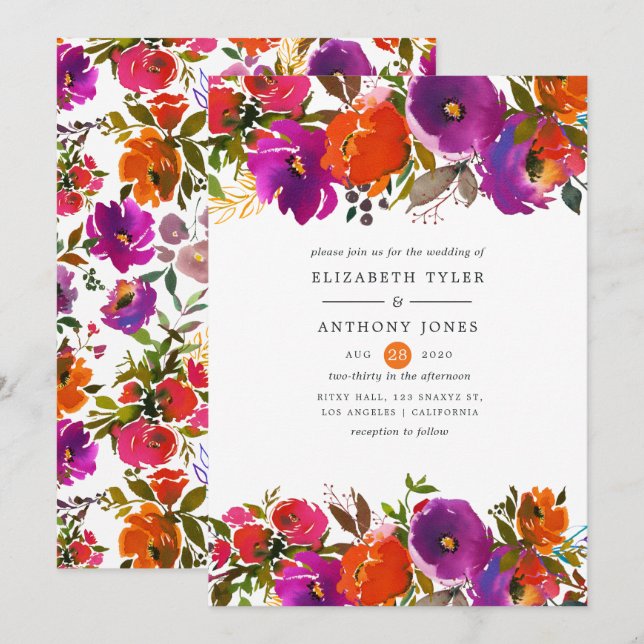 Invitation Mariage floral pourpre et orange (Devant / Derrière)