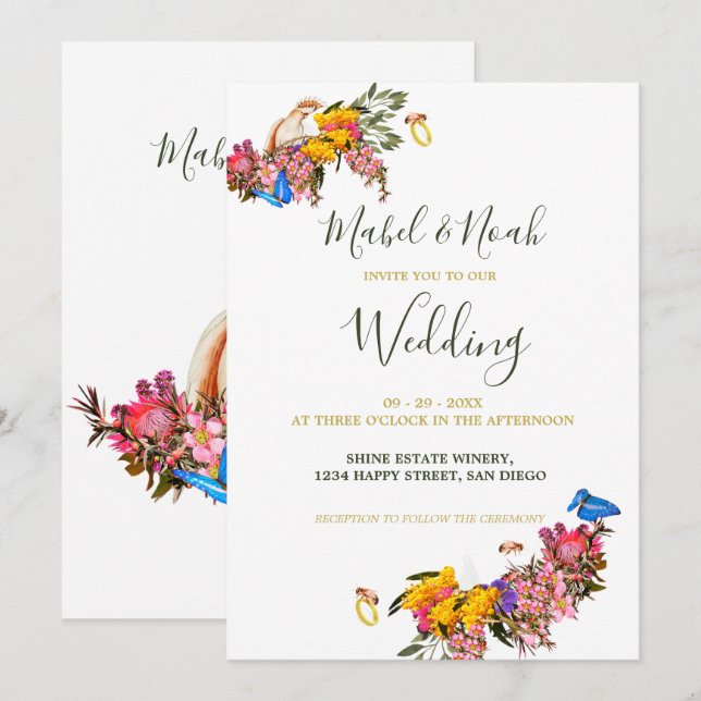 Invitation Mariage Floral Protea Cockatoo Abeilles durables (Devant / Derrière)