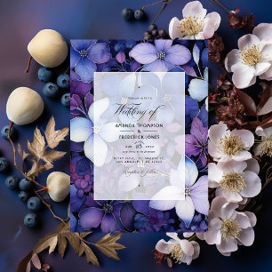 Invitation Mariage floral prune, bleu marine et argent