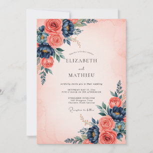 Invitation Mariage Floral Raffiné Bleu Nuit Corail