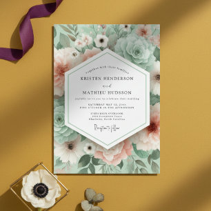 Invitation Mariage Floral Romance Vert Menthe
