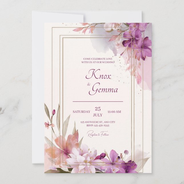 Invitation Mariage floral romantique à fleurs violettes (Devant)
