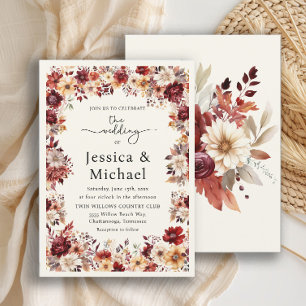 Invitation Mariage floral romantique à la crème bordeaux
